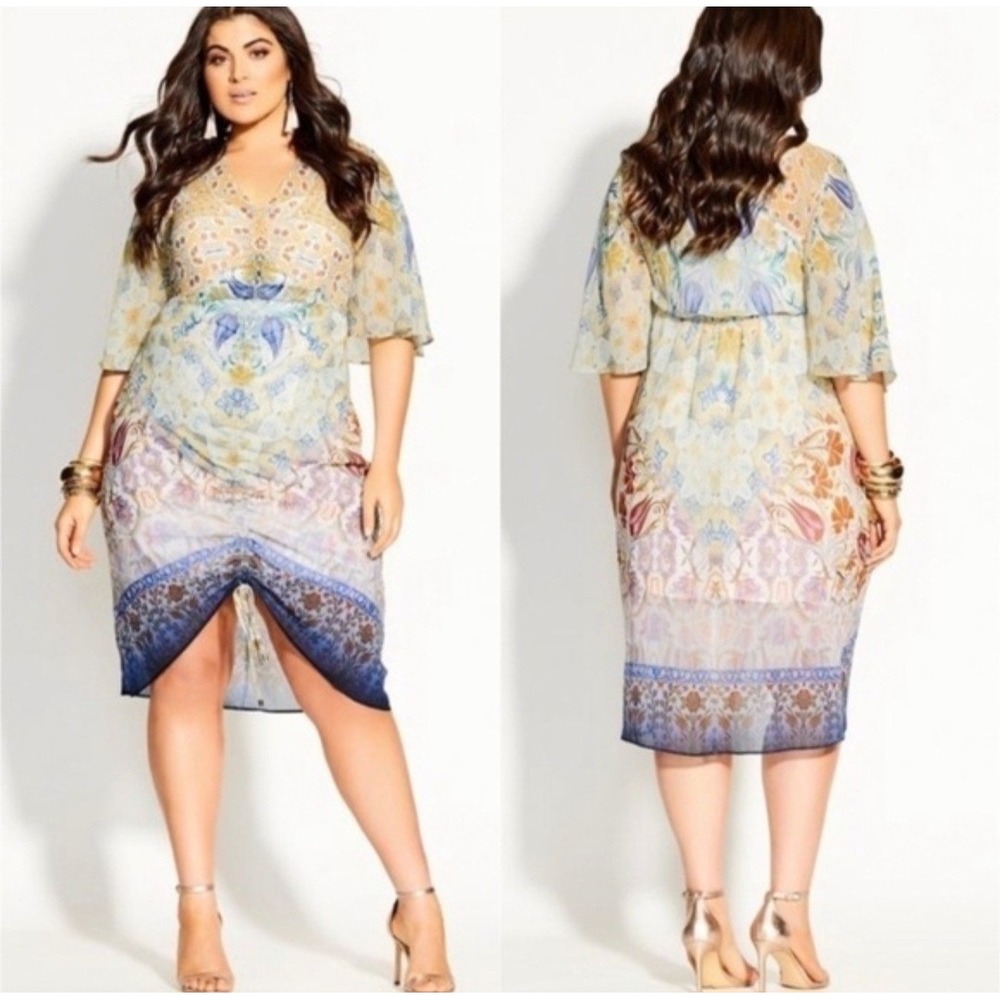 City Chic Mirror Zambia Dress XL 22 Plus Size Boho Chiffon‎ High Low Orange Blue